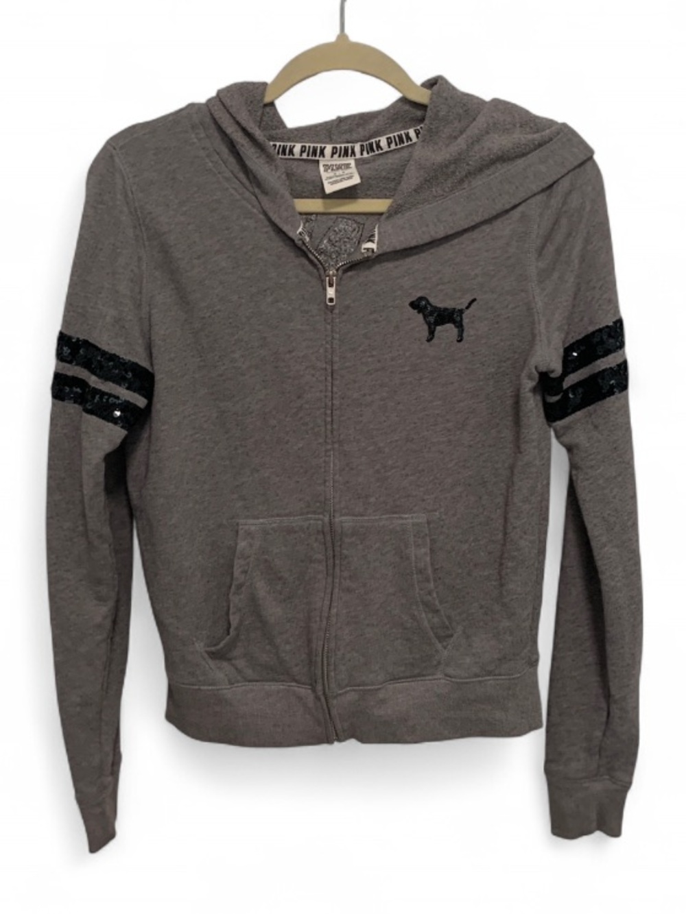 PINK Victoria's Secret Gray Hoodie with Black Sequin Stripes and Logo